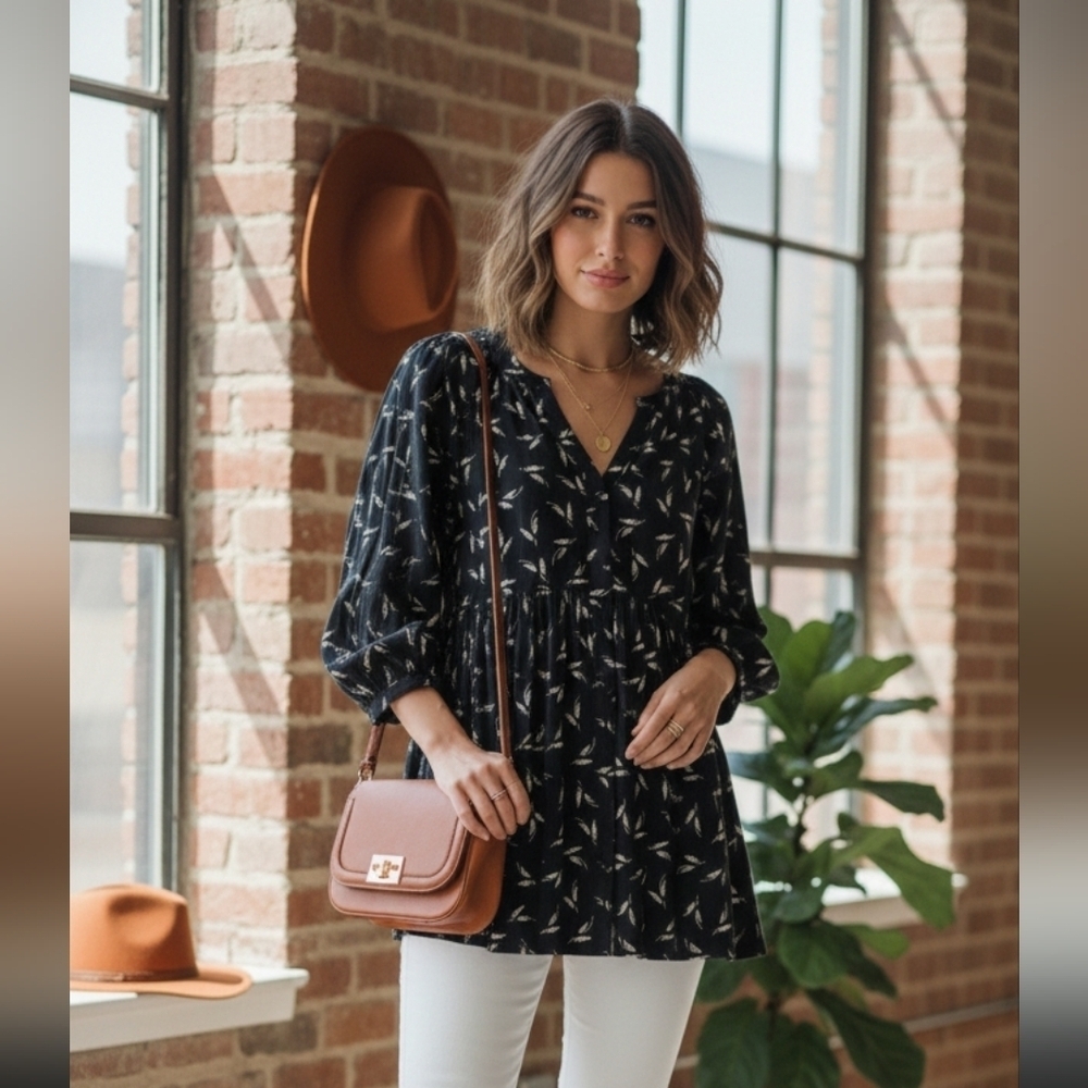 Anthropologie Maeve Winona Babydoll Tunic Top Black/wht Leaf Print, Womens Large